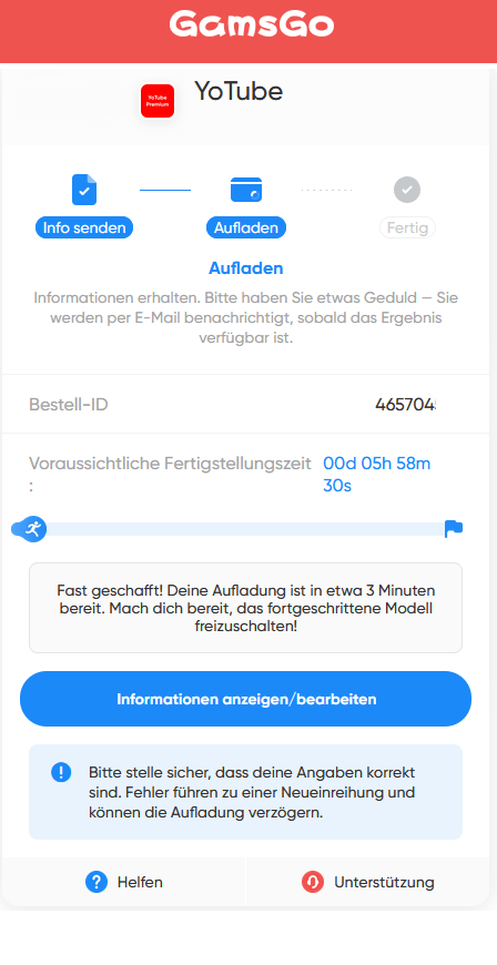 Last Step to Charge your Gamsgo youtube premium account